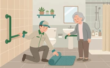 転倒予防に使う滑り止め用具の確認ポイント——福祉用具と住宅改修の役割分担を表すイラスト