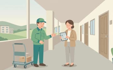 マンションで福祉用具を使うときの確認ポイント——管理規約と共用部分の確認を表すイラスト