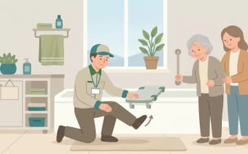 入浴台・バスボードを選ぶときの確認ポイント——浴槽をまたぐ動作を支えるを表すイラスト