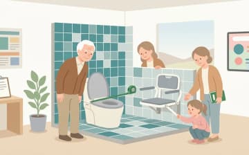 入浴補助用具・腰掛便座を購入するときの確認ポイント【介護保険】を表すイラスト