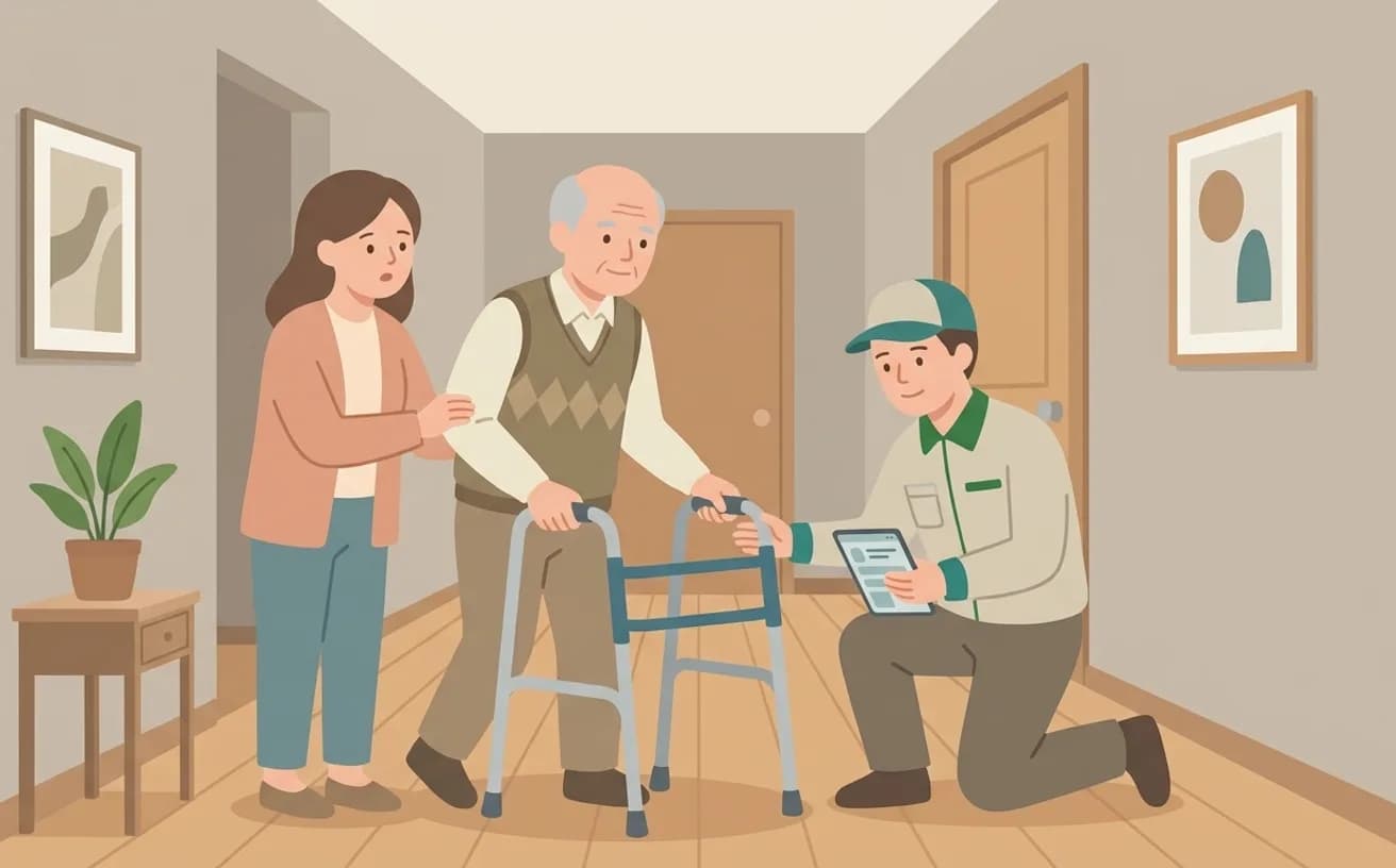 福祉用具を試用（デモ）するときの確認ポイント——3つの視点で失敗を防ぐを表すイラスト