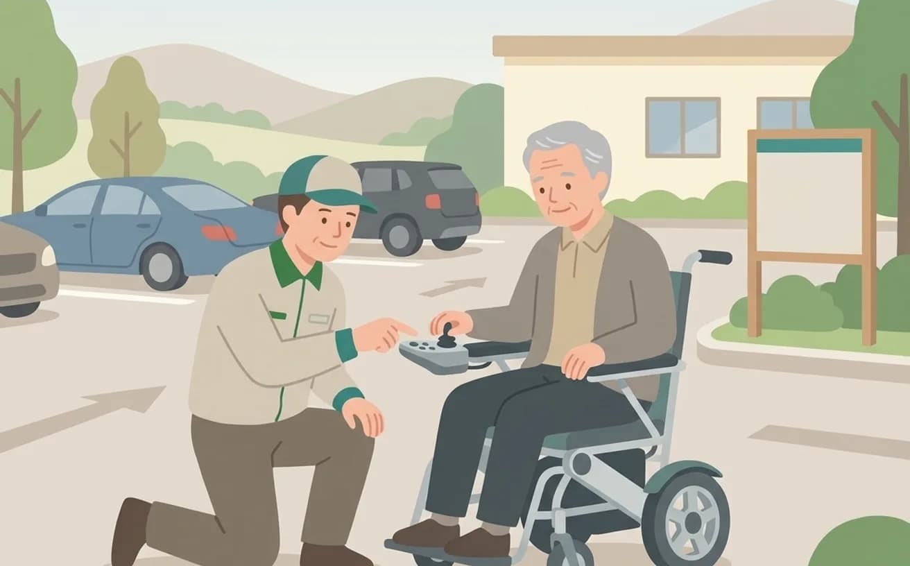 電動車いすを検討するときの確認ポイント——安全な導入のための条件を表すイラスト