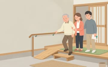 玄関の段差に使う福祉用具の考え方——手すり・スロープ・踏み台の組み合わせを表すイラスト