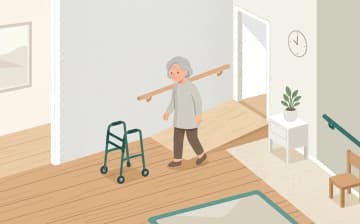 転倒予防のための福祉用具の考え方——動作ごとに用具を組み合わせるを表すイラスト