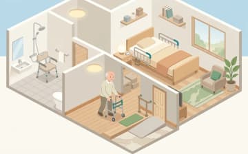住まいの場所別に考える福祉用具——玄関・廊下・寝室・浴室・トイレの住環境ガイドを表すイラスト