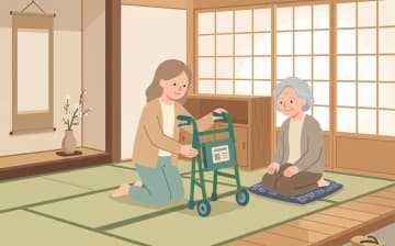 狭い住まいで福祉用具を選ぶポイント——コンパクトな用具と配置の工夫を表すイラスト