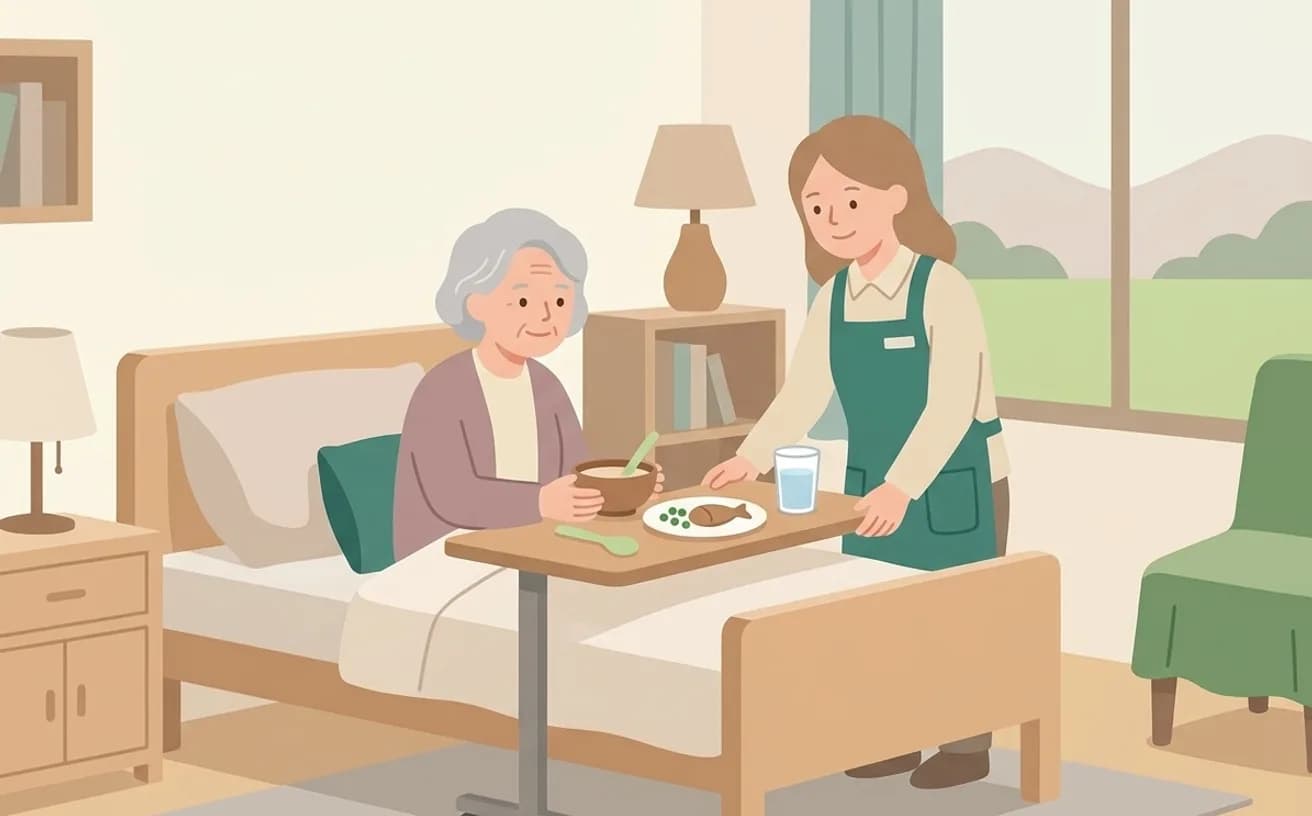 介護ベッド用テーブルの選び方——ベッド上の生活を支える視点を表すイラスト