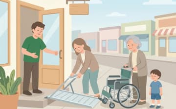 携帯用スロープを選ぶときの確認ポイント——外出先の段差に備えるを表すイラスト