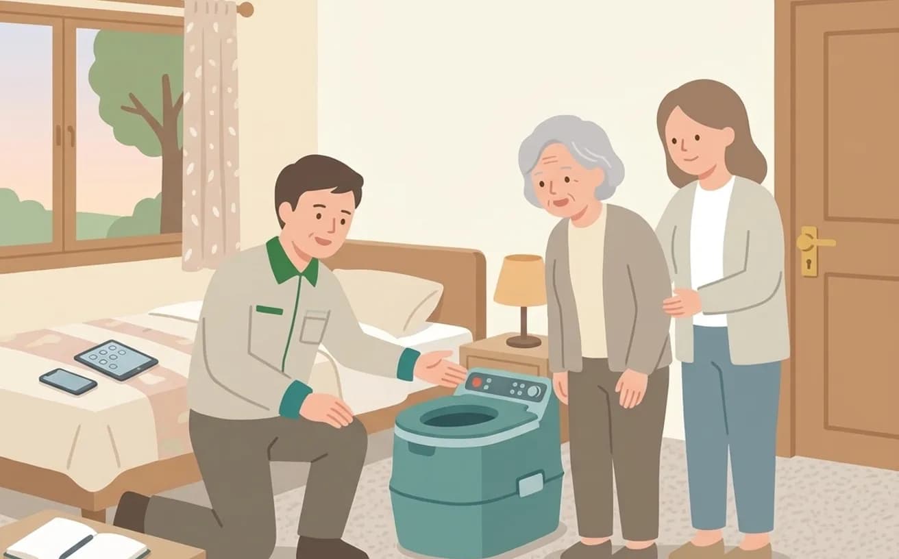 ポータブルトイレを選ぶときの確認ポイント——寝室での夜間の排泄を支えるを表すイラスト