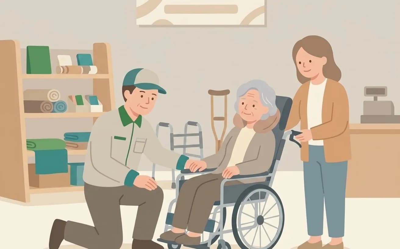 リクライニング車いすを選ぶときの確認ポイント——姿勢保持が必要な方へを表すイラスト