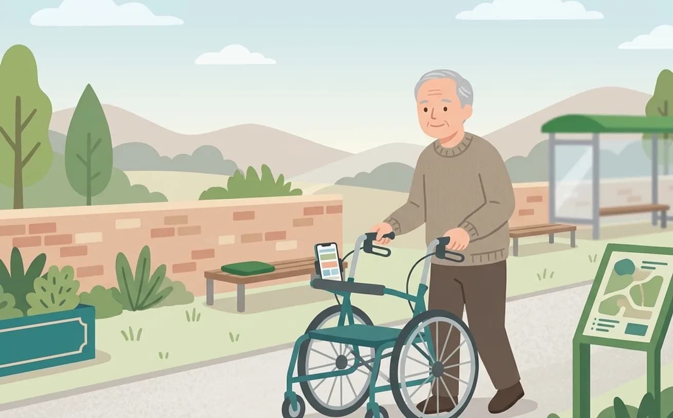 歩行車を選ぶときの確認ポイント——屋外歩行を支える車輪付き歩行器を表すイラスト