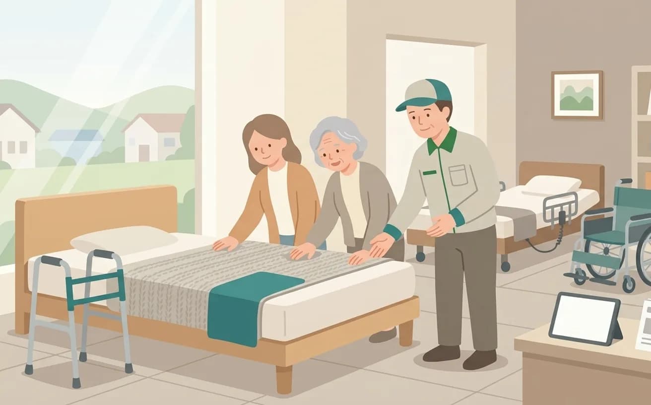 介護ベッド用マットレスの選び方——寝心地と床ずれ予防の両立を表すイラスト
