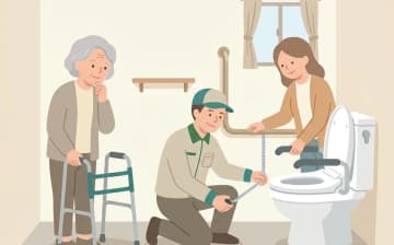 トイレで福祉用具を使うときの確認ポイント——限られたスペースでの配置を表すイラスト