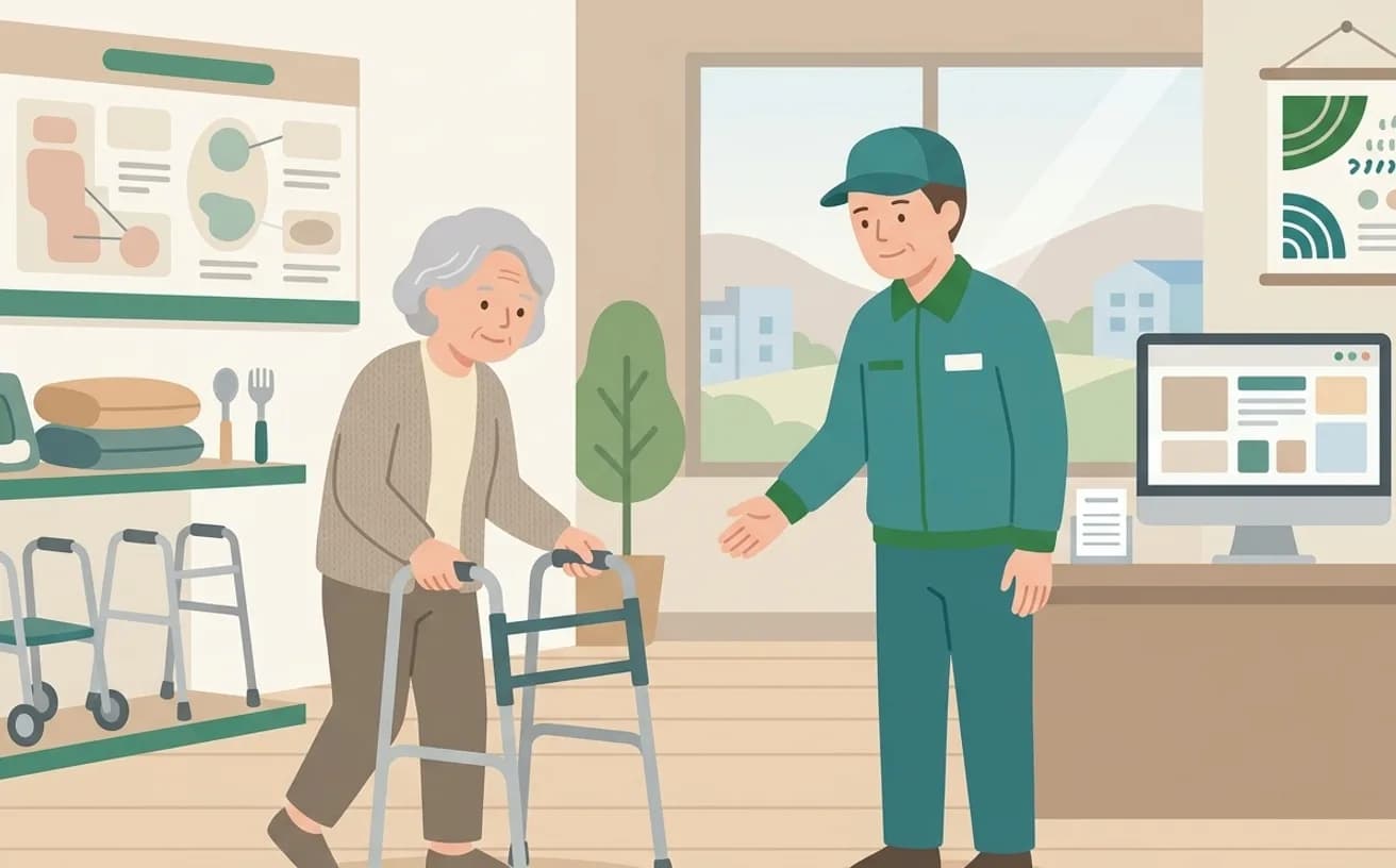 歩行器を選ぶときの確認ポイント——固定式・交互式・車輪付きの違いを表すイラスト