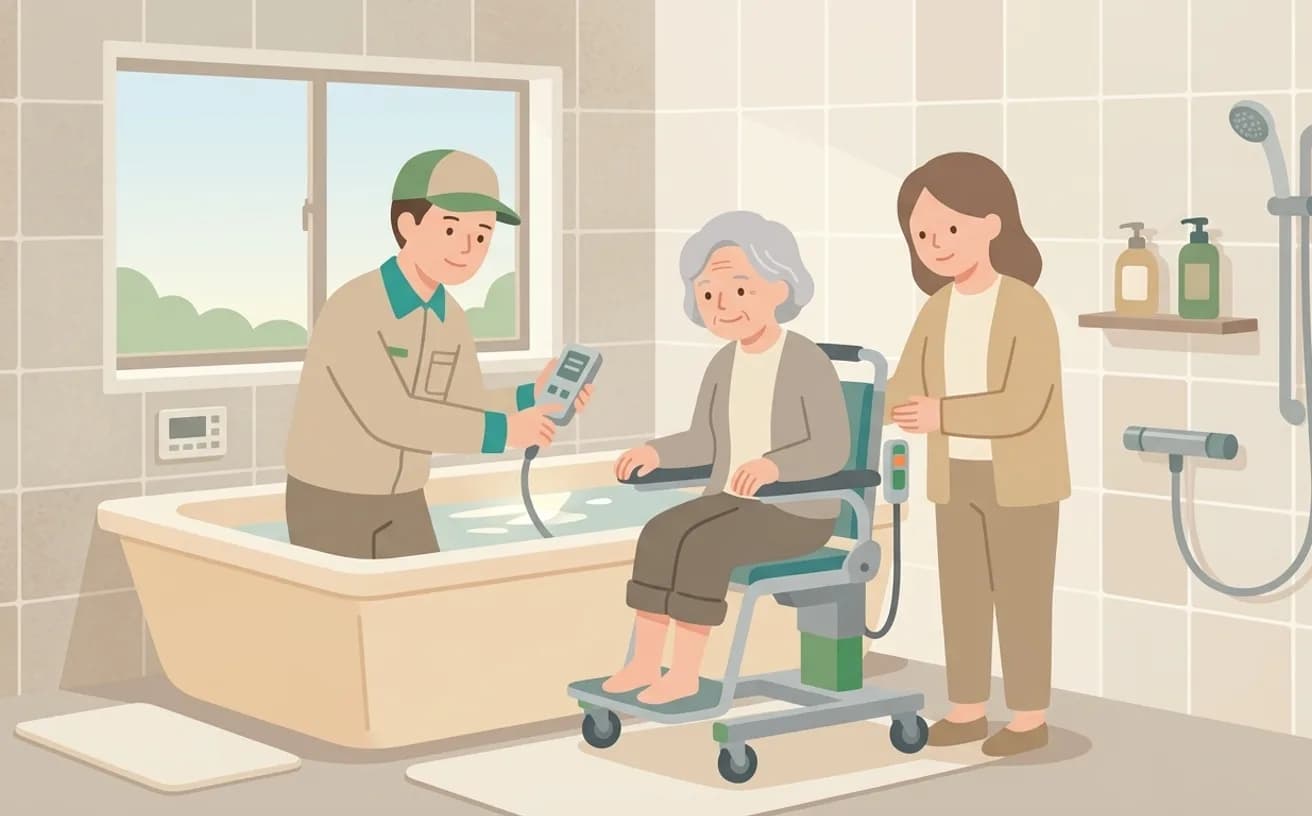 浴槽用リフトを検討するときの確認ポイント——浴槽内の立ち座りを支えるを表すイラスト