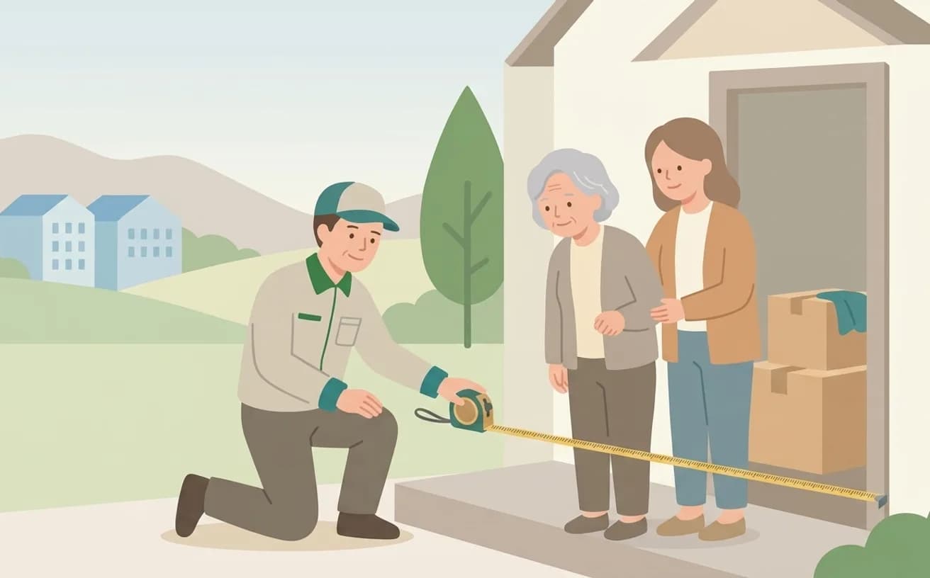 福祉用具の搬入前に玄関で確認すること——サイズと経路の事前チェックを表すイラスト