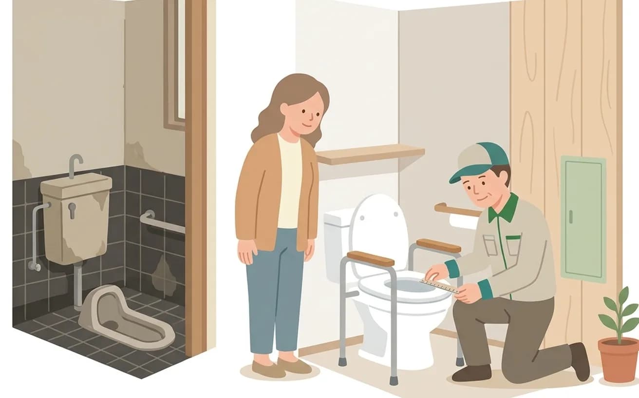 腰掛便座を選ぶときの確認ポイント——和式トイレの補助から洋式のかさ上げまでを表すイラスト