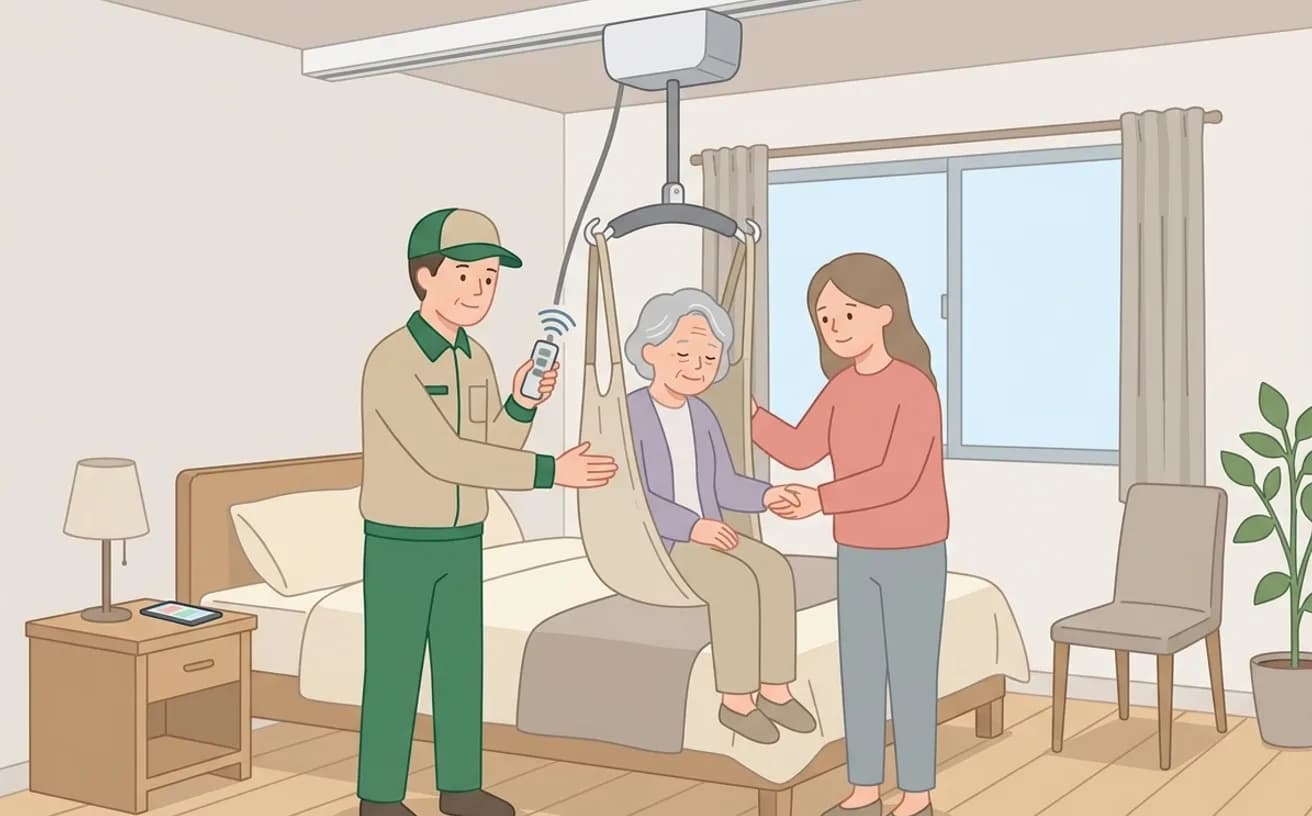 移動用リフトを検討するときの確認ポイント——安全な移乗介助のためにを表すイラスト