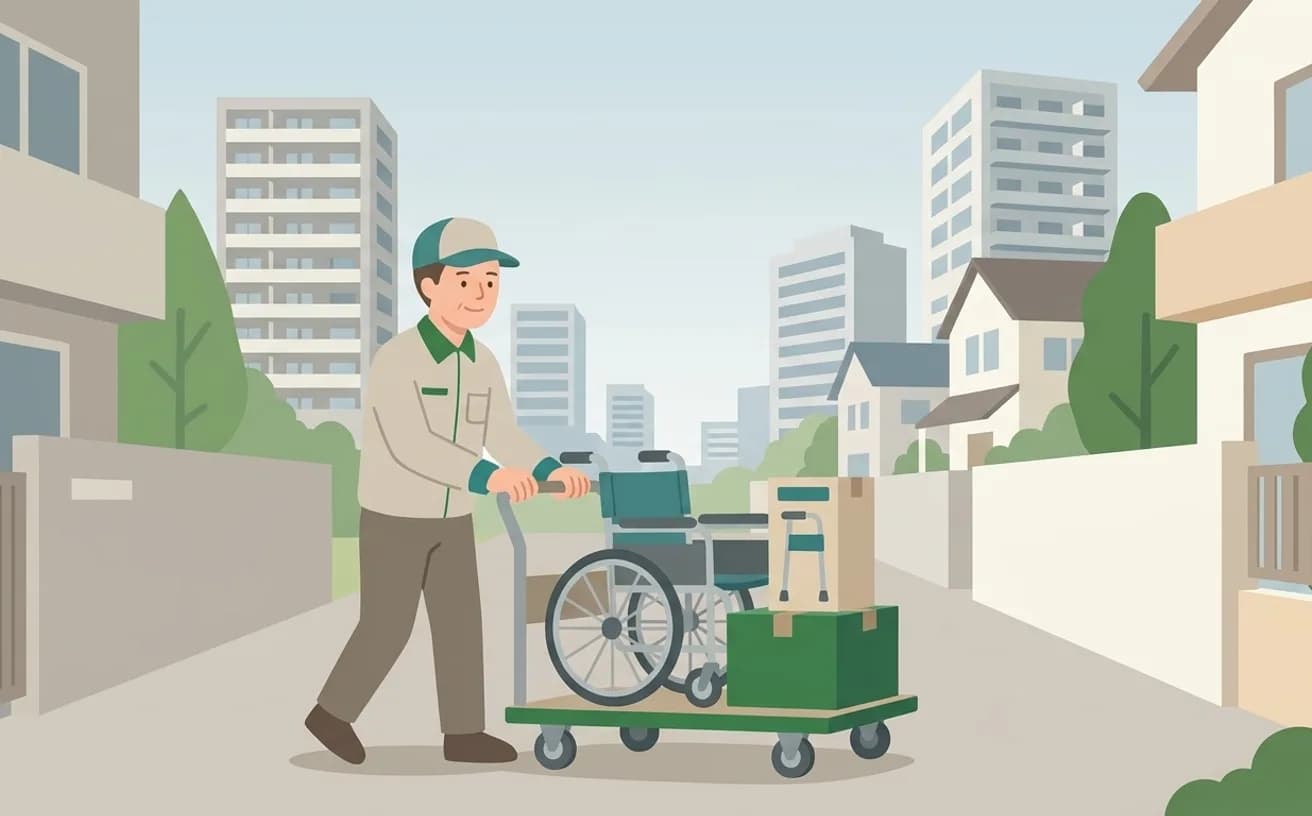都市部で福祉用具事業所を探すポイントを表すイラスト