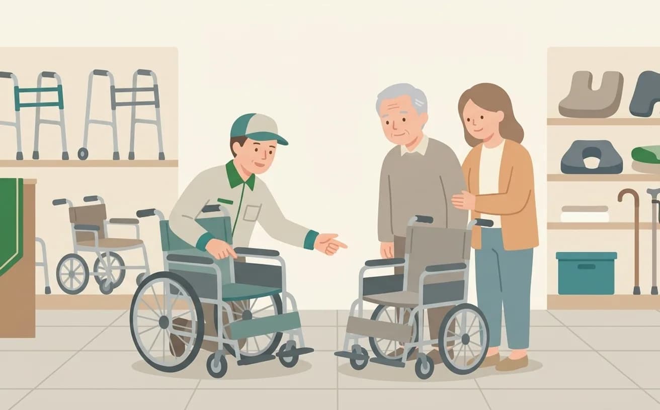 車いすの選び方と確認ポイント——3つの問いで候補を絞り込むを表すイラスト