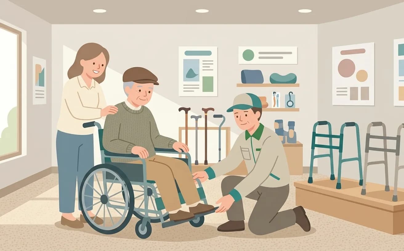 車いすをレンタルするときの確認ポイント——タイプの違いから納品後までを表すイラスト